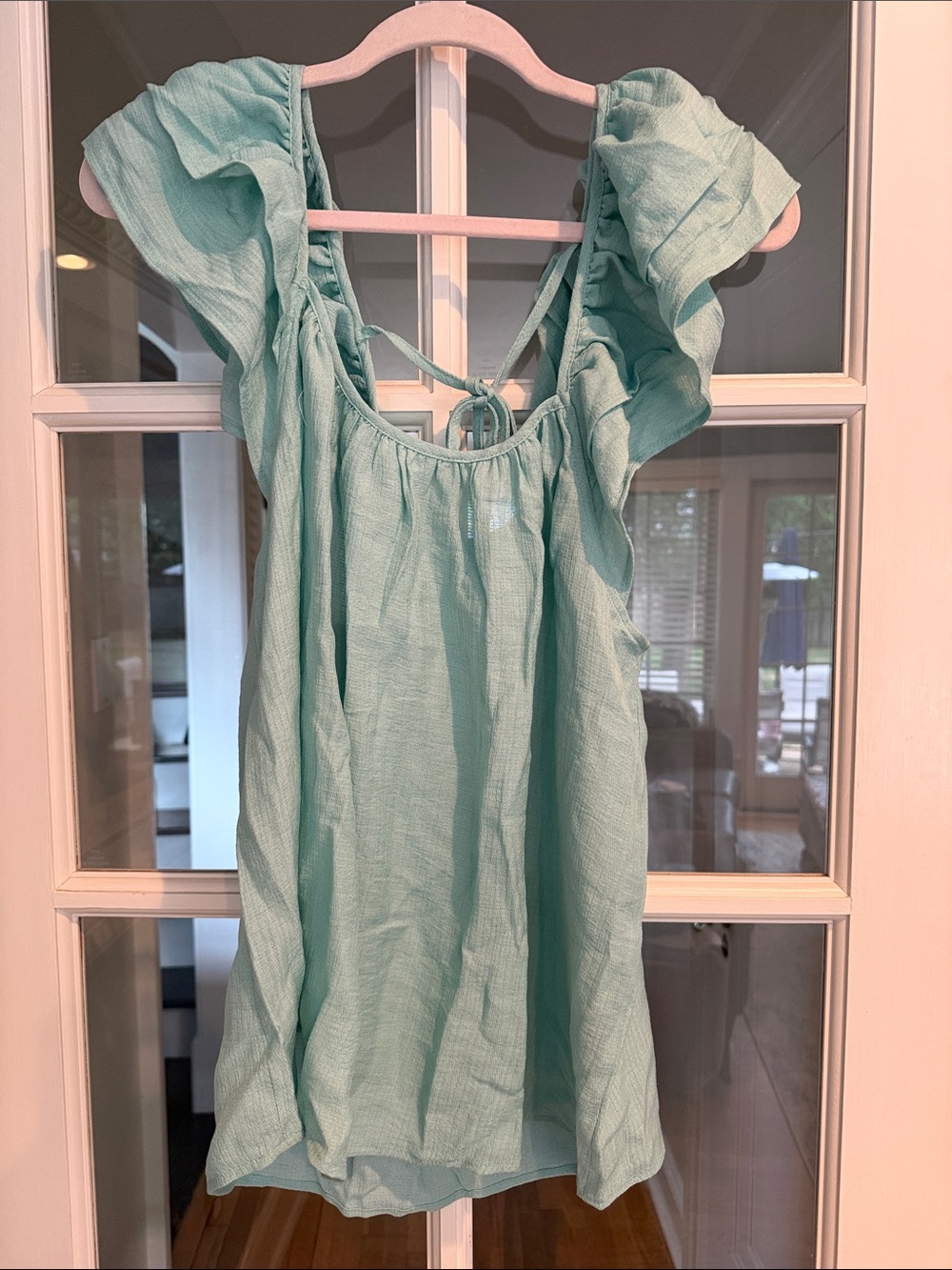 NWOT Women's Mint Green Ruffle Sleeve Tunic Top with Back Tie